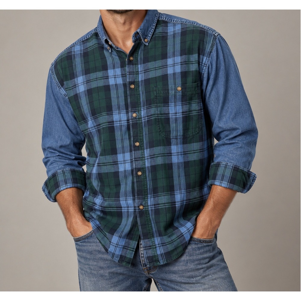 Vintage 90s Greatland Apparel Denim Plaid Shirt Large Blue Green Mixed Media